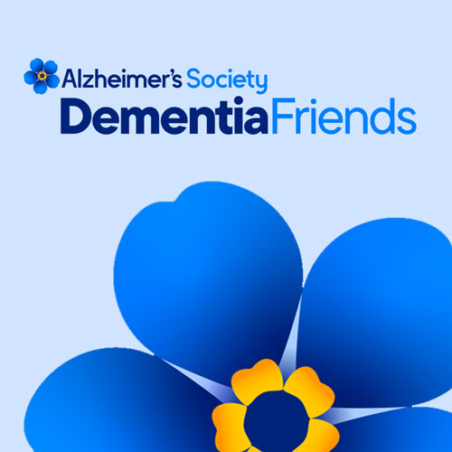 Closeup of the logo of Alzheimer's Society flower. Text says Alzheimer's Society Dementia Friends