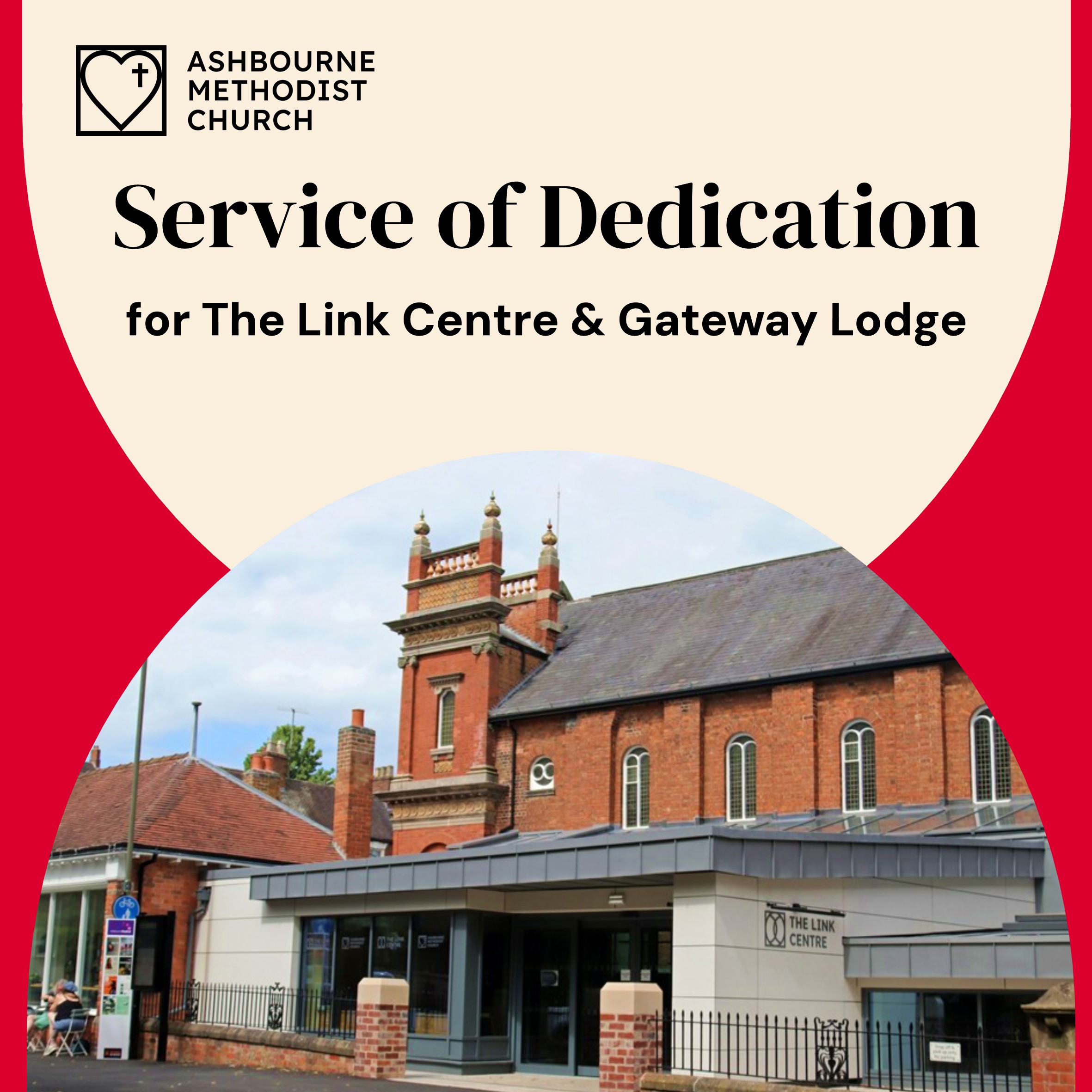 Photo of the exterior of The Link Centre, with logo, and text saying "Service of Dedication for The Link Centre & Gateway Lodge"