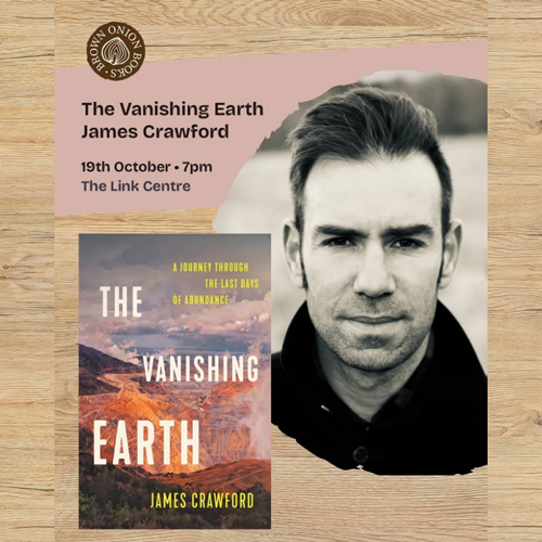 Photo of James Crawford and the cover of his book "The Vanishing Earth", plus the logo of Brown Onion Books